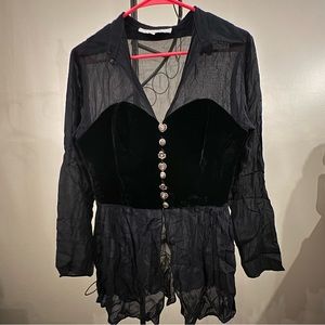 Sheer button down long sleeve shirt with velvet center size L